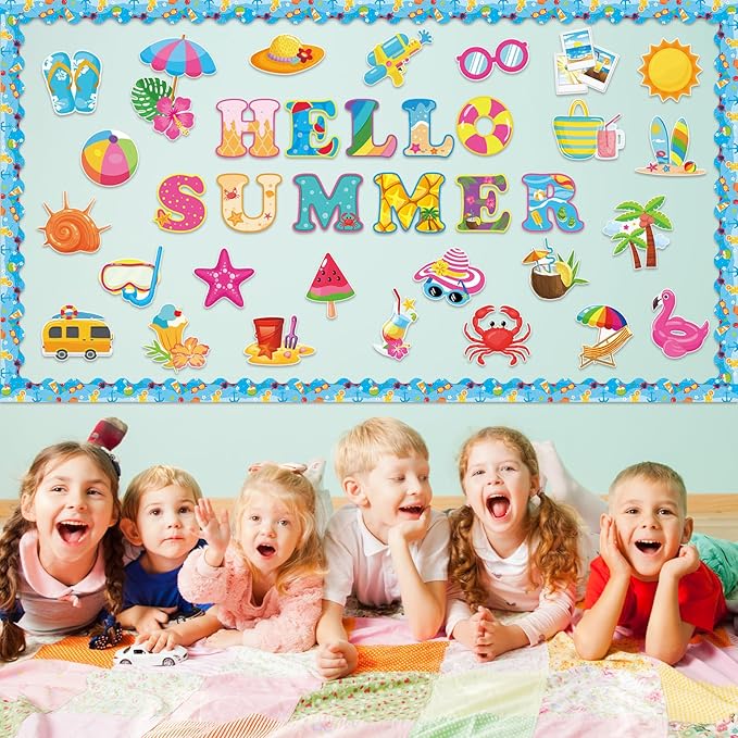 71 Pcs Hello Summer Bulletin Board Set Hawaiian Beach Slippers Sun DIY Borders Bulletin Trim Home School Hawaiian Tropical Party Supplies for Back to School Classroom Chalkboard Wall Door Decor