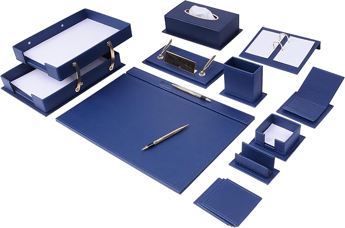 MOOGCO Leather Desk Organizer Set - 14 PCS (Blue) - 19.29 x 13.39 inches