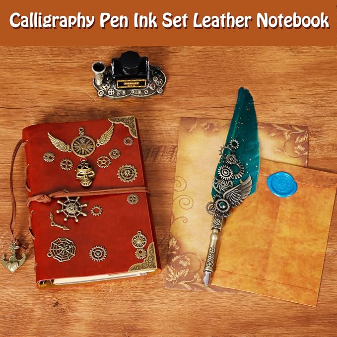 Aifeiter Quill Pen and Ink Set With Quill and 5 Replaceable Nibs,Seal Stamp,Spoon,Wax Beads,White Wax,Pen Holder, Cup,Envelope,Letter Paper,Envelope Tool(green)