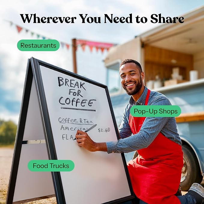 T-SIGN Sidewalk Sign for Indoor & Outdoor Sign - Open Aluminum A Frame Sign Poster Board 24x36 Inches, White Dry Erase Surface - Heavy Duty Double Sided Sandwich Board, Street Advertising Sign Board
