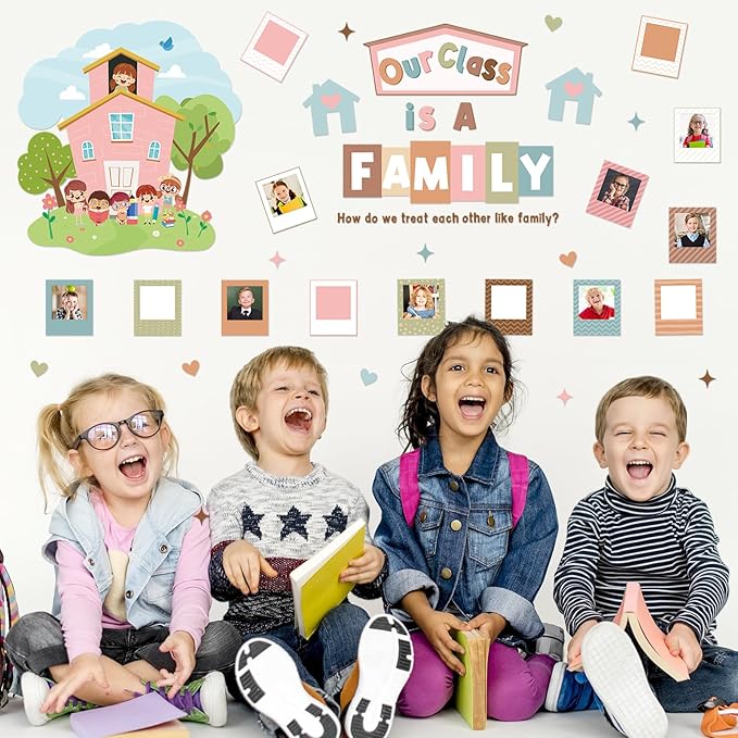 JarThenaAMCS 44Pcs Boho Bulletin Board Decoration Set for Classroom Our Class is A Family Picture Frame Paper Cutouts with Glue Points for Back to School Teachers Chalkboard Home Door Party