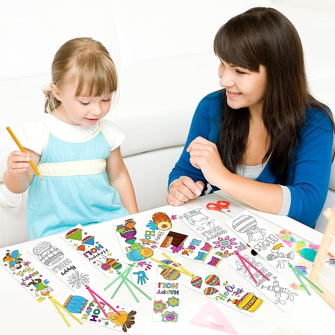 ANGOLIO Holi Coloring Your Own Bookmarks - 123Pcs Happy Holi Coloring Bookmarks DIY Blank Reading Page Holder for Indian Festival Holiday, Religious Students Rewards Party Goodie Fillers Supplies