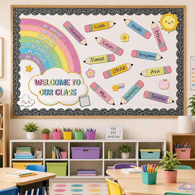 Rainbow Bulletin Board Set Back to School Classroom Decoration Colorful Pencil Bulletin Board Composition Notebook Inspirational Positive Affirmation Paper Cutouts for Classroom Chalkboard Wall Decor