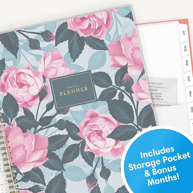Blue Sky 2025-2026 Weekly and Monthly Academic Year Planner Calendar, July 2025 - June 2026, 8.5" x 11", Flexible Cover, Wirebound, Storage Pocket, Laminated Tabs, Roosevelt Pink
