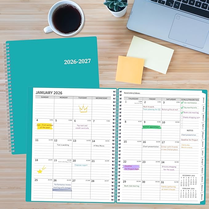 2026-2027 Monthly Planner, 2 Year Calendar Planner, Jan 2026 - Dec 2027, 8.5’’ x 11’’, Large Spiral Agenda, 24 Months, with Tabs ＆Pocket, Flexible Cover, Organizer for Office Home School, Green