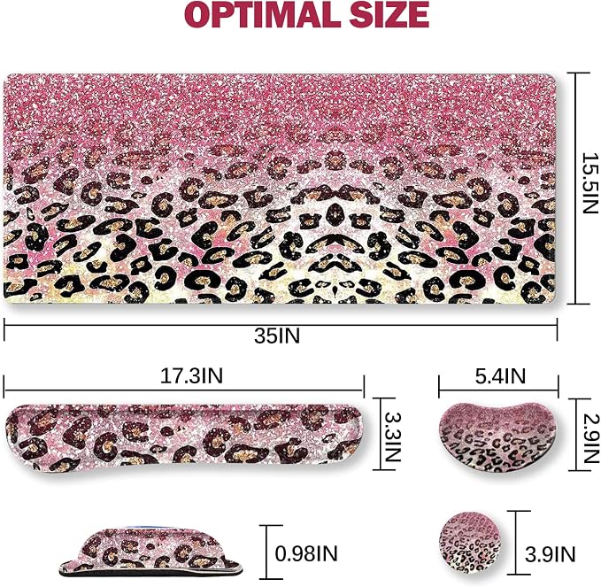 ARTSO Extended Gaming Mouse Pad Set, Keyboard Wrist Rest Support Pad + Wrist Cushion + XXL Large Mouse Pad + Coaster, Stitched Edge, Non-Slip, Memory Foam Desk Mat, Pink Leopard Print