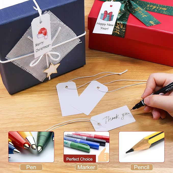 Coideal White Price Tags with Elastic String - 200 Pcs Small Blank Label Hang Strung Tags Strings Attached for Hanging Gift Clothing Jewelry (2 3/4" x 1 3/8")