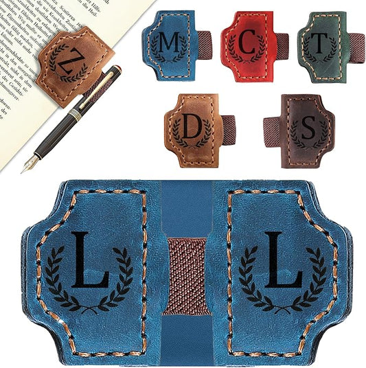 Custom Magnetic Bookmarks with Pen Holder, Personalized 26 Letters Name Initial Leather Bookmark, Leather Book Mark for Men Women Teachers, Readers Book Lovers Gifts (Blue, L)