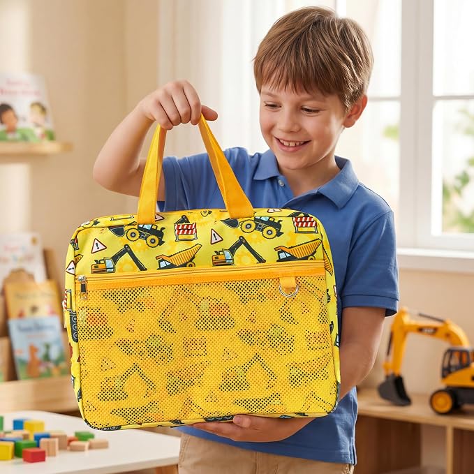 WAWSAM Truck Kids Mesh Zipper Pouch, File Organizer Folders with Pocket | 13.78" x 11.42" Waterproof File Folder for Boys with Handle, Document Organizer for School, Books, Travel, Home Storage