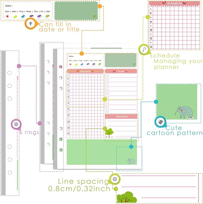 Rancco A5 Planner Inserts Daily Refills, 90 Pages Colorful 6-Ring Loose-leaf Binder Planner Inserts w/Divider, PVC Pouch, Ruler, Index Tab for Journal, Filofax, Double-sided, Undated,8.3x5.6"