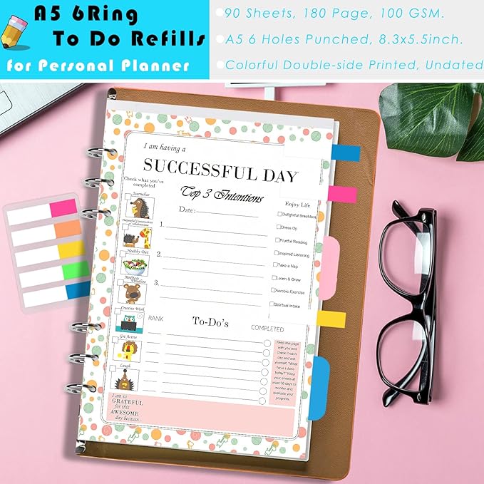 Rancco A5 Planner Inserts Daily Planner To Do List Refills, 90 Sheet 180 Page 6-Hole Successful Day Refills w/Binder Divider, Pouch, Ruler, Index Tab for Filofax, Journal, Undated,5.7x8.3inch