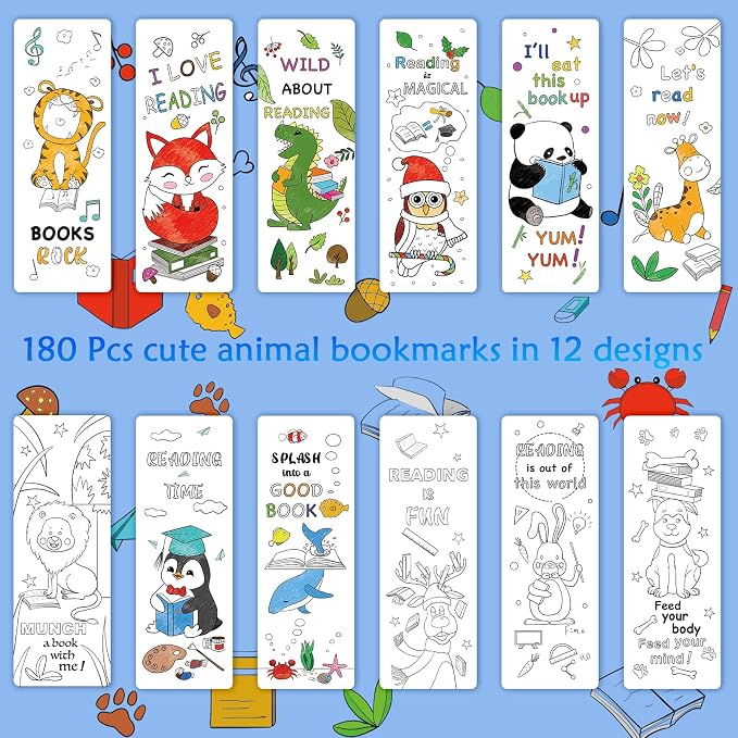 Anseal 180 PCS Color Your Own Bookmarks Bulk, DIY Bookmarks for Teens, Cute Animal Bookmarks for Reading Lover, 12 Styles Fun & Personalized Bookmark for Students, Classroom Rewards Supplies