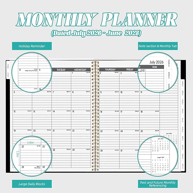 2026-2028 Monthly Planner 2 Year Monthly Planner/Calendar 2026-2028, 24 Months Calendar Planner Jul 2026 – Jun 2028, 9" x 11", Holidays, Tabs, Double-Side Pocket, Thick Paper - Black