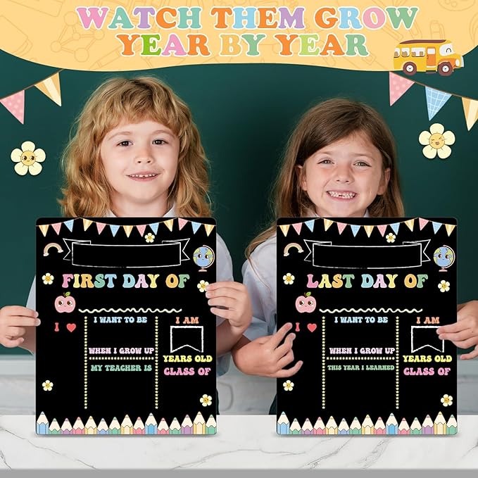 AmazingSpark First and Last Day of School Sign Board Double Sided 1st Back to School Supplies 10"x12" for Kids Preschool Kindergarten Chalk Board, Cute Crayon Retro Groovy Photo Reusable(Macaron)