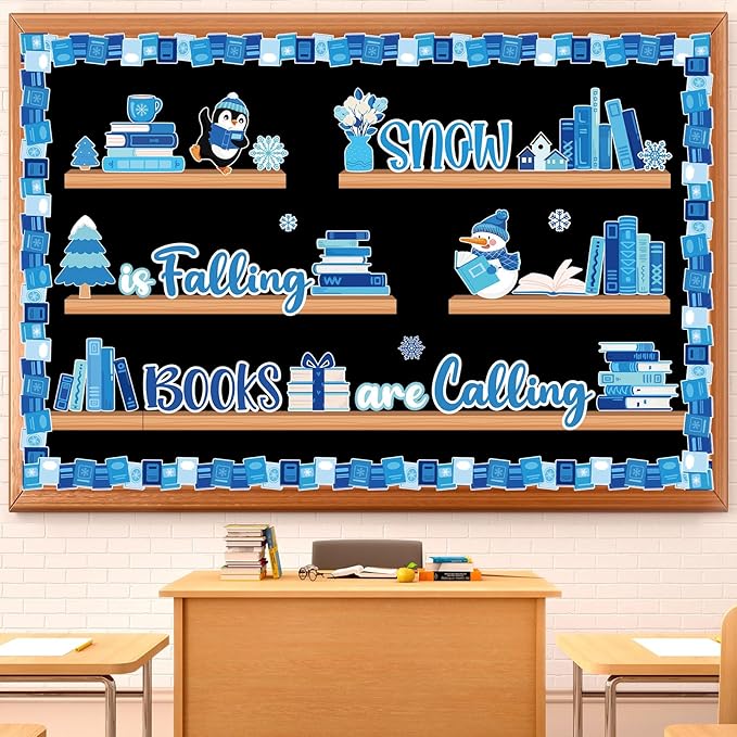 Funrous 60 Pcs Winter Reading Bulletin Board Decorations Set Winter Christmas Library Bulletin Boards Snowman Penguin Books Paper Cutouts for Xmas Holiday Party School Classroom Home Wall Decorations