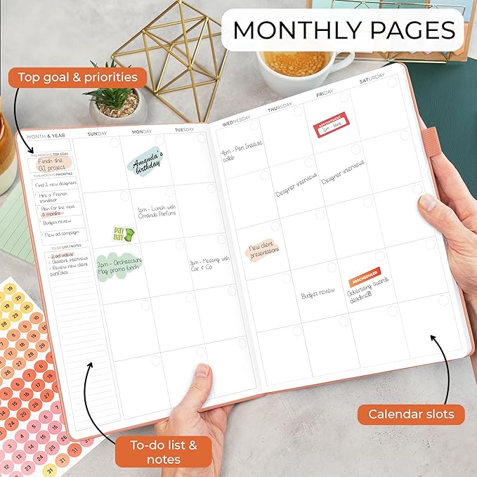 Clever Fox Appointment Book – Hourly Schedule Planner with 15-Minute Increments – Time Box Planner for Daily Work & To-Dos – Weekly & Monthly Spreads, Undated, Hardcover, 8.3x11″ (Terracotta)