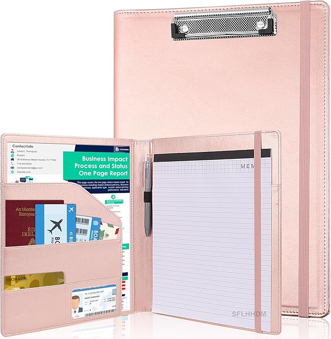 Clipboard Padfolio with Storage Pocket, Clipboard Folder Portfolio Organizer, 360 Degree Foldable Clipboards with Refillable Notepad,Faux Leather Padfolio Organizer for Office School Supplies-Pink