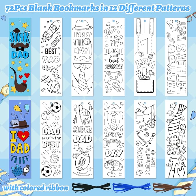 BWkoss Father's Day Color Your Own Bookmarks for Kids -75Pcs Happy Father's Day DIY Coloring Bulk Blank Bookmark Classroom Art Craft Supplies for Student Father's Day Holiday Party Goodie Fillers