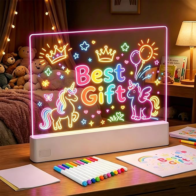 LED Drawing Board with Highlighters, 13.18"X10" Doodle Glow Drawing Board with 3 Modes & 5 Colors, 12 Colored Pen Neon Light Up Writing Tablet Gifts for Kids, Girls, Birthday, Mom Gifts (12 Pen)