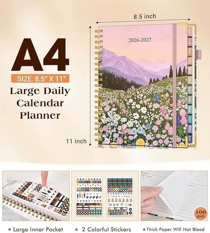 Academic Planner 2026-2027, Hardcover Weekly and Monthly Calendar Planner from July 2026 - June 2027, 8.5" x 11" A4 Large Daily Agenda with Tabs, College School Organizer for Student Teacher, Wildflower Mountainside