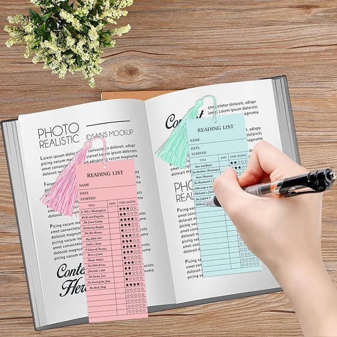 50 Pcs 5 Color Reading List Bookmarks with 10 Bookmark Tassels 3x8 Inch Bulk Reading Log Book Tracker Bookmarks for Book Lovers, Students, Teachers (Multicolor)
