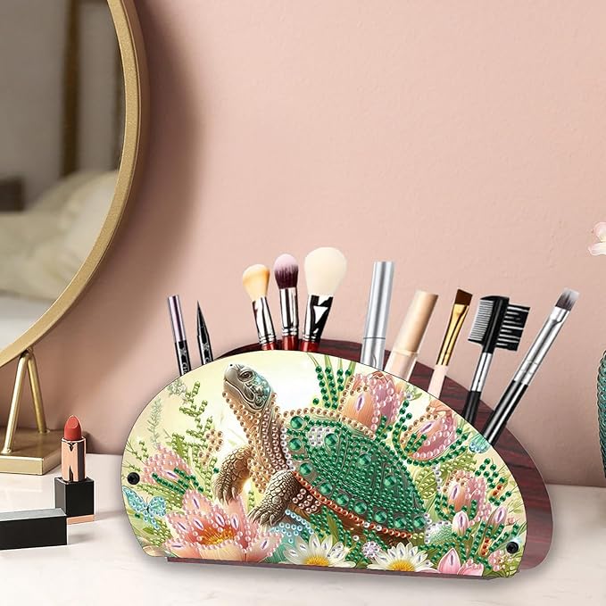 Remote Control Holder with 4 Compartments, DIY Diamond Art Painting Wooden Half Moon TV Control Holder for Remote Controllers, Office Supplies, Makeup Brush, Media Accessories-Turtle