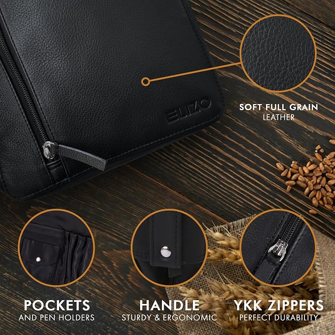 ELIZO Leather Bible Cover for Men Bible Case for Women Zippered Holder Protector Cross Church Tote Bag Carrying Organizer Sleeve Gift Onyx
