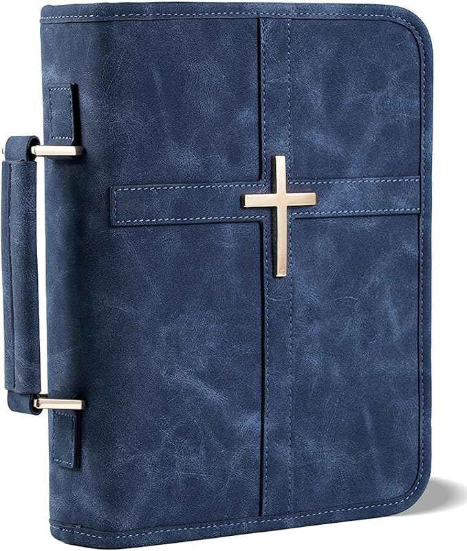 Vegan Leather Bible Cover for Men & Women, Bible Case with Gift Box, Christian Catholic Religious Bible Gifts (Indigo)