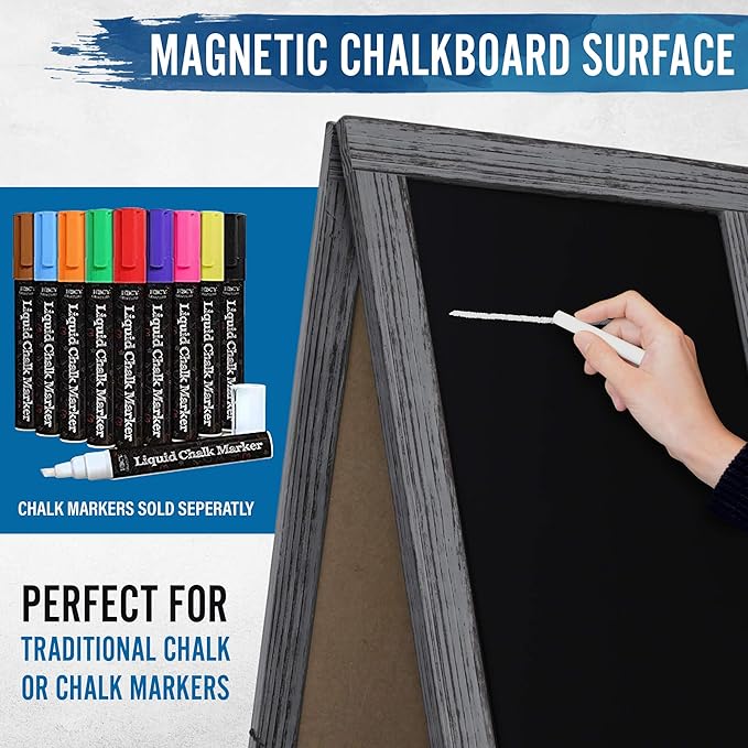 A Frame Chalkboard with Chalk Markers by HBCY Creations: 40x20 Solid Wood A-Frame Sign Gray Double-Sided Magentic Menu Board, Deluxe Set Includes 8 Chalk Markers, 10 Stencils, 2 Magnets