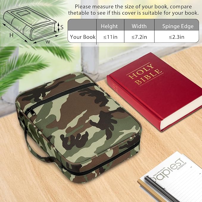 Bible Cover with Durable Handle, Carrying Book Case Church Bag Bible, Protective with Zippered Pocket, Bible Study Accessories Supplies, Book Protector for Book Lovers, Camouflage