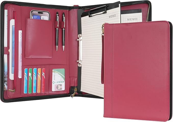Wason A4 Portfolio with Zipper - Leather PU Padfolio with Detachable Ring Binder and Writing Notepad Holder, Conference File Multi-Pockets Organizer for Office Travel School (Red)