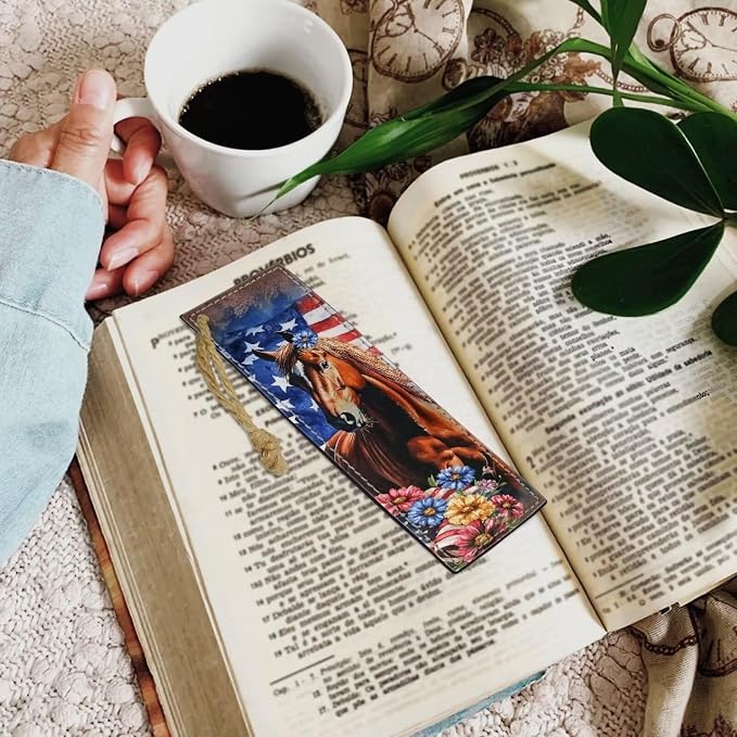Bookmark 2 PCS Leather Bookmarks for Women, Men, Book Lovers Horse American Flag Flower Page Markers for Students Teachers Reading Bookmarks Accessories for Book Lovers