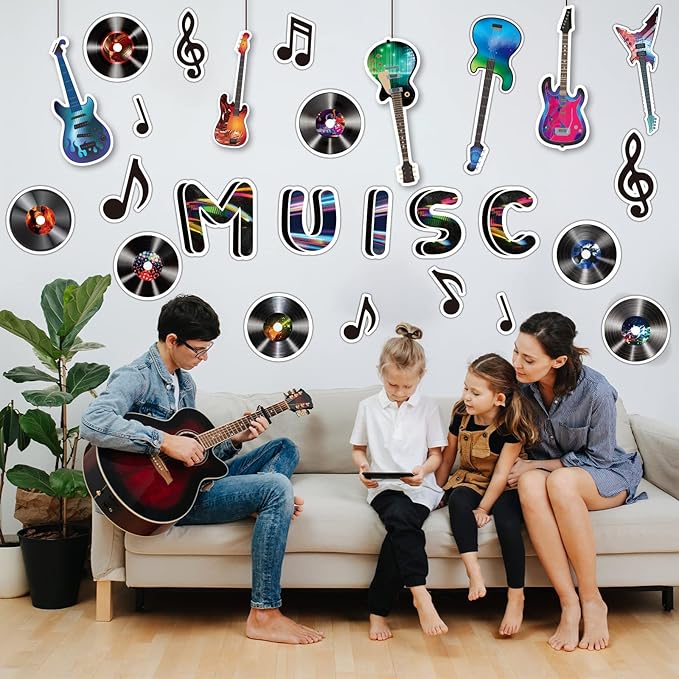 Music Themed Bulletin Board Set Musical Notes Classroom Decoration Music Notes Paper Cutouts Guitar Silhouettes Record Party Supplies for Kids Students Classroom Decor