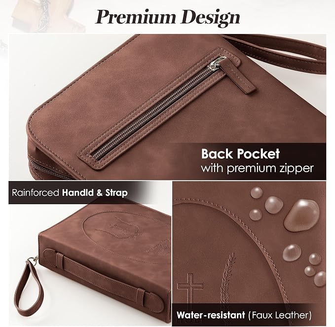 Leather Bible Cover for Women – Large Zippered Case with Handle and Pockets, Floral Book Protector for Study or Church, Christian Gift for Girls and Women, Large Size Bibles (Dark Brown)