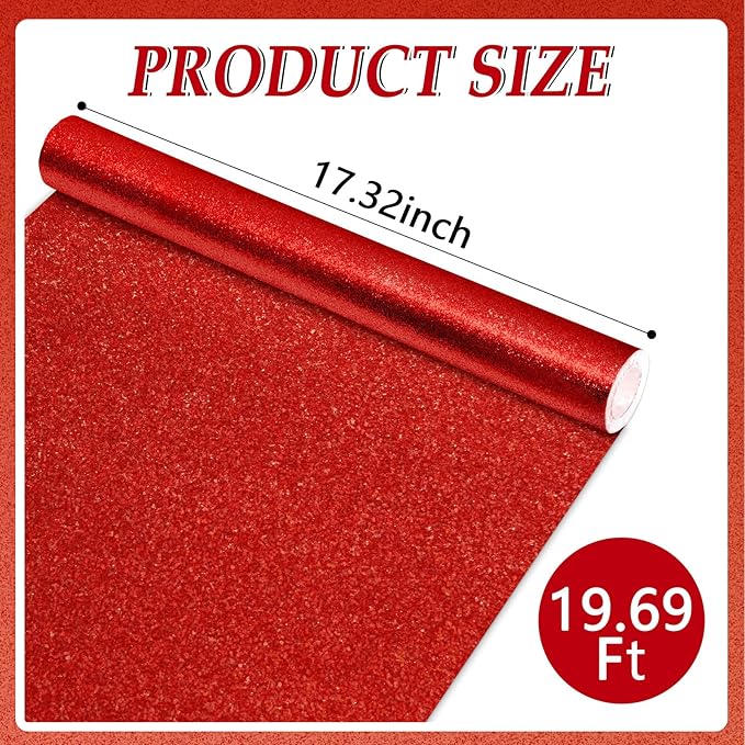 Glitter Bulletin Board Paper Roll Sparkle Wrapping Paper Bulletin Board Decor Glitter Poster Gift Wrapping DIY Art Crafts Wallpaper Background for Home Office Classroom Decor 17" x 20ft, Deep Red