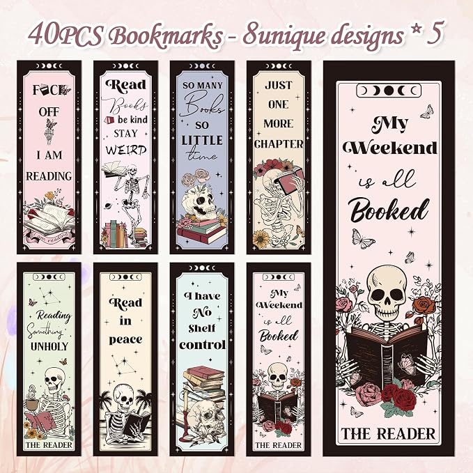 Wxiben Skeleton Flower Bookmarks Gifts - 40 Pcs Skeleton Reading Book Marks Gothic Skull Floral Book Markers Clip Double Sided Bookmarks for Women Bookish Bookworm Students Teachers Reader Club Gift