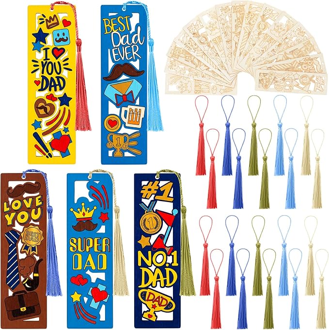 Yexiya 100 Pcs Father's Day Wood Bookmarks Bulk DIY Crafts Kit, 50 Set Blank Coloring Bookmarks with Tassel for Dad Grandpa Gifts Classroom Activity Party Favor