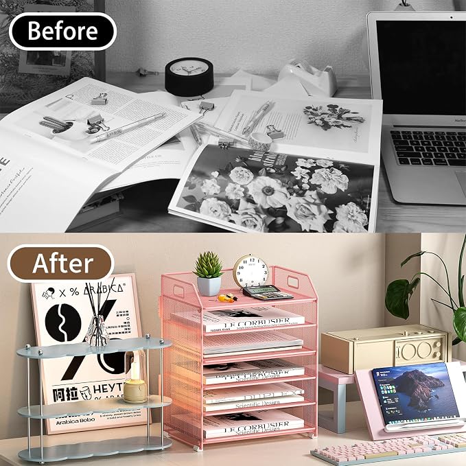 6 Trays Paper Organizer Letter Tray with Pull-Out Drawer, Assembled Mesh Desk File Holder, Metal Paper Sorter for Office Documents, Pink