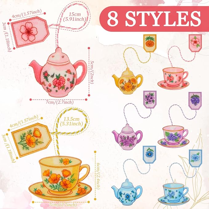 Resurhang 8 Pcs Pastels Teacup Teapot Bookmarks with Floral Design Cute Tea Bag Felt Bookmarks Gift Bulk for Mother, Tea Party Favors, Teacher, Book Lovers, Unique Gift for Women, Bookworms