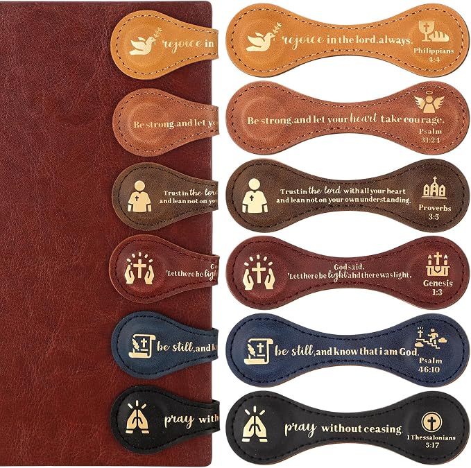 Spakon 6 Pcs Christian Fathers Day Magnetic Bookmark Gifts Bible Bookmarks Religious Personalized Magnetic Leather Book Marker for Men Women Coworkers Teachers Students(Light Color,Stylish)