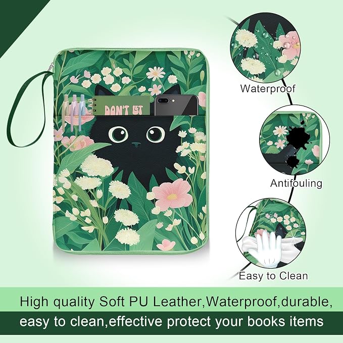 Book Sleeve Book Pouch, Cute Cat Floral Print Book Protector Case with Zipper, PU Leather Waterproof Book Cover Bag, Portable Book Pouch for Book Lovers Gifts Paperbacks Hardcover