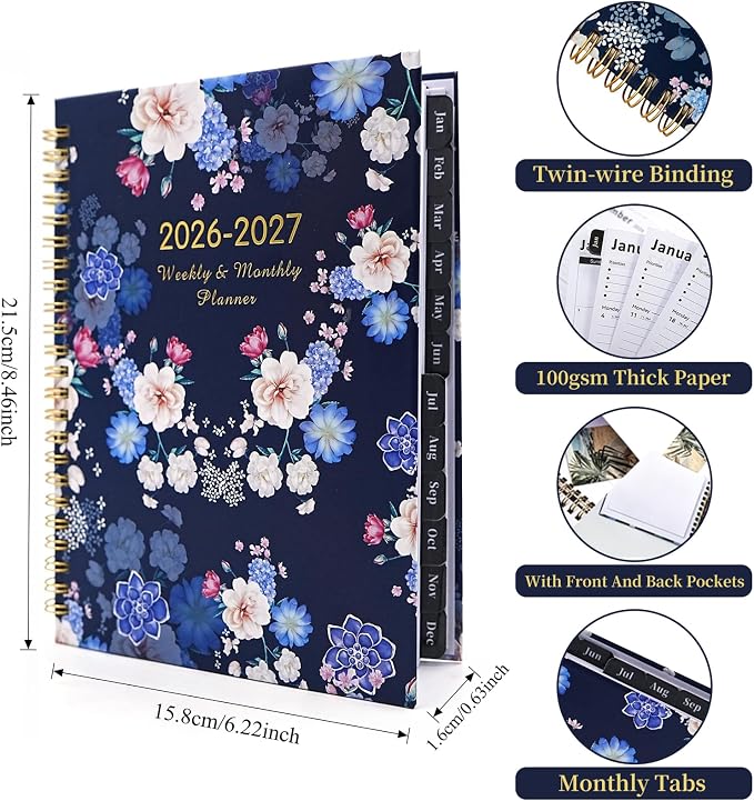 2026-2027 Planner, 12 Months Monthly & Weekly Daily Planner July 2026 - June 2027, 8.5" x 6.2" Hardcover Agenda Organizer with Tabs, Spiral Bound Calendar Notebook for School Work Home, Floral Design (Blue & Floral)