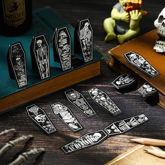 Clabby 48 Pcs Mini Gothic Skeleton Coffin Magnet Bookmarks Bulk with Magnet Halloween Gothic Book Marker Dark Romance Holiday Gift for Book Lovers Bookworm Bookish 12 Style
