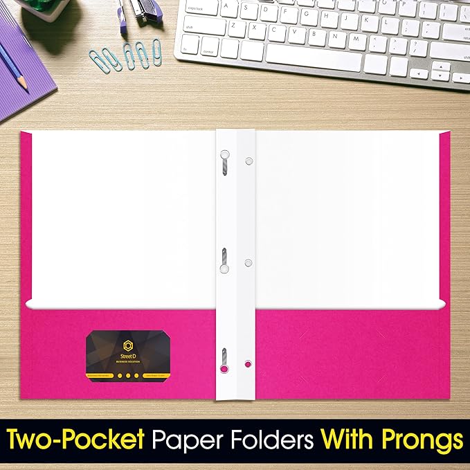 2 Pocket Portfolio Folders with Prongs (Metal Fastener Clips), 25 Pack, Cool Trendy Colors, Fits Letter Size Paper, for School, Office, Home, Matte Finish (Hot Pink)