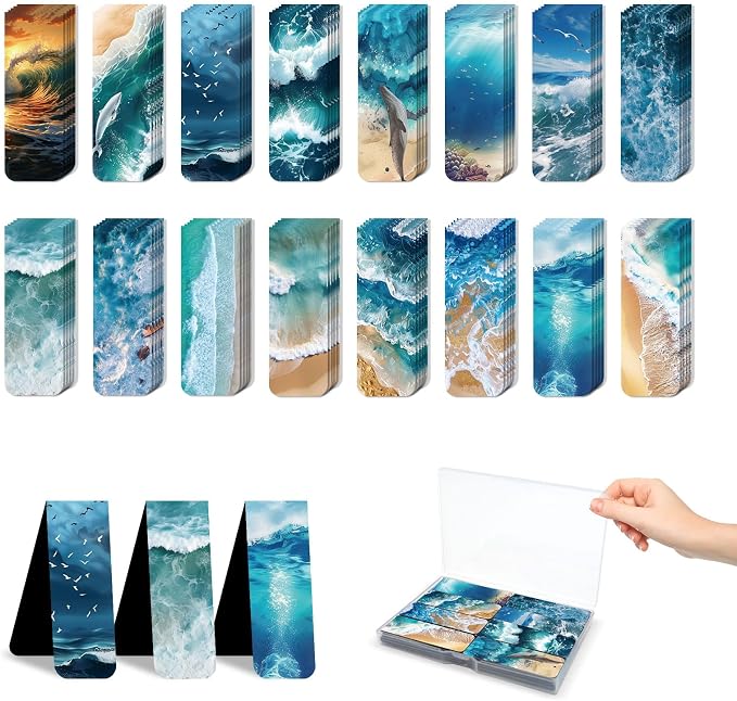 48 Pieces Magnetic Bookmarks Magnet Page Markers - Book Marks for Reading Women & Men with Storage Boxes - Cute Magnet Bookmark Clips for Reading Pleasure（Ocean）