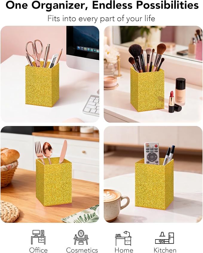 Gold Acrylic Pen Holder, Acrylic Makeup Brush Storage Organizer, Pencil Pen Holder for Desk, Modern Desktop Accessories for Office School Home Supplies