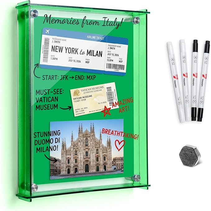 TOWON 9x12 Inch Green Acrylic Dry Erase Board & Photo Frame, Wall Mount Writing Remind Board with Slide-Lock Design for Home Office, Kitchen and Dorm Décor | 4 Dual-Tip Markers and Double-Sided Eraser