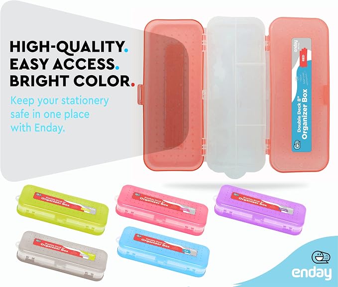 Enday Pencil Box Red, Plastic Double Deck Pencil Case with 7 Compartments, Box Organizer with Snap Closure for Home and Office