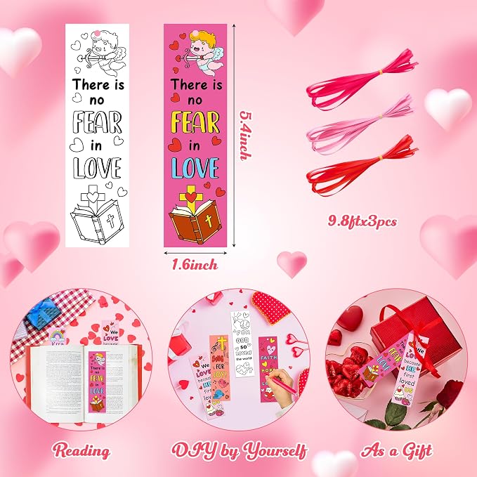 75Pcs Valentine Color Your Own Bookmarks for Kids Christian Theme DIY Coloring Blank Bookmark Classroom Art Craft Supplies for Teacher Student Valentine’s Day Party Reward Goodie Fillers Exchange Gift
