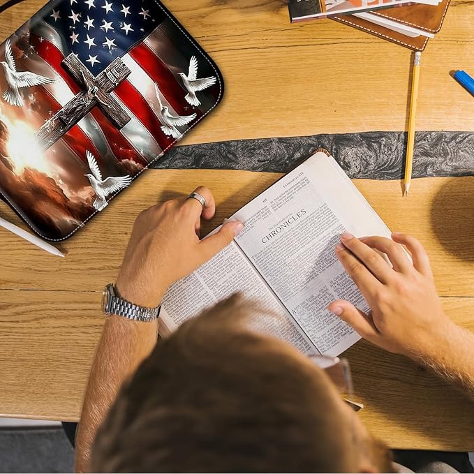Bible Cover for Men Women,Large Leather Bible Case Fit Book Up to 11x8x2 Inch,American Flag with Cross Dove Bible Covers Bible Study Carrier Church Bags w/Handle & Zipper